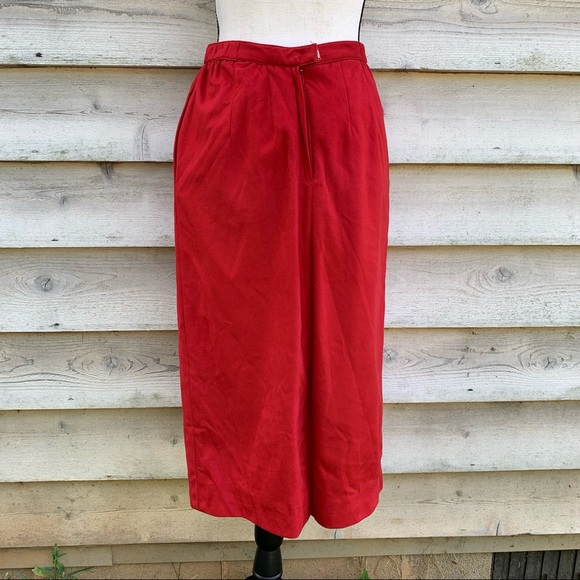 Vintage 80s Red Vegan Faux Suede Leather High Waisted Fitted Midi Pencil Skirt - Picture 14 of 16